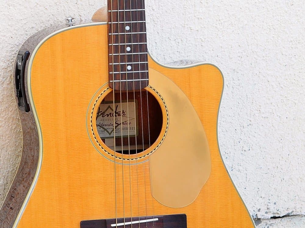 Fender California Series acoustic guitar, showing the cutaway and soundhole